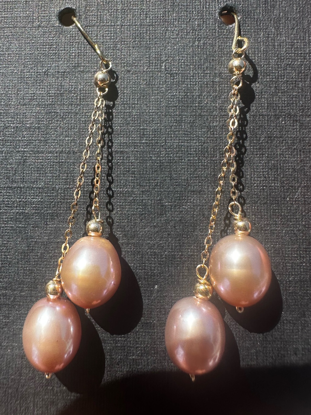 New 14k Solid Gold Long Dangle Pink Pearl Earrings Solid 14k Gold Earrings